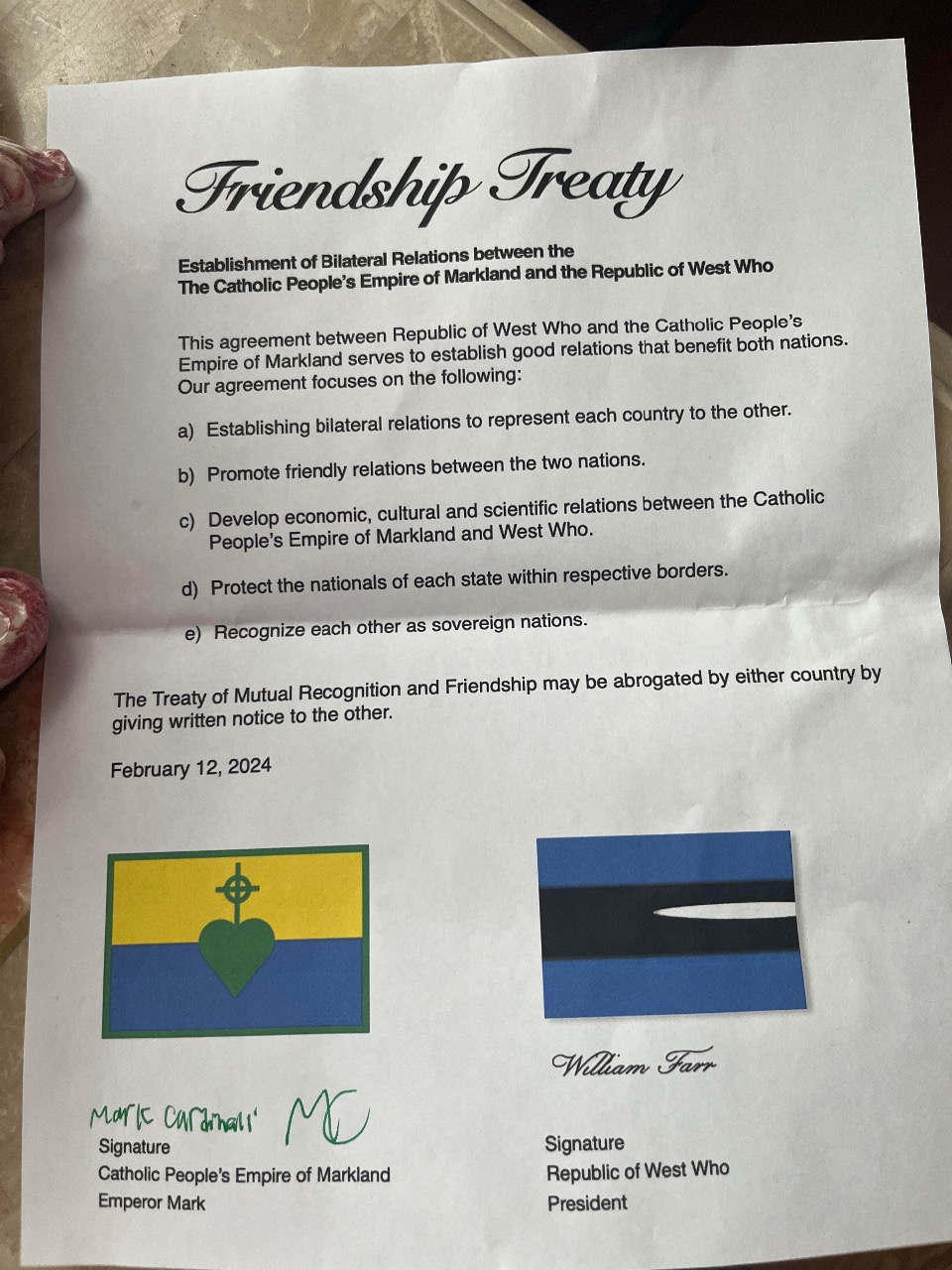 Friendship Treaty with Catholic People's Empire of Markland :: Republic ...